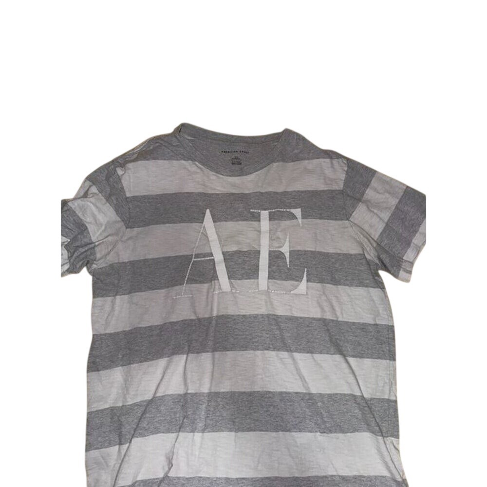 American Eagle Striped Graphic Tee Grey White Prep Cotton Mens Large AE Logo